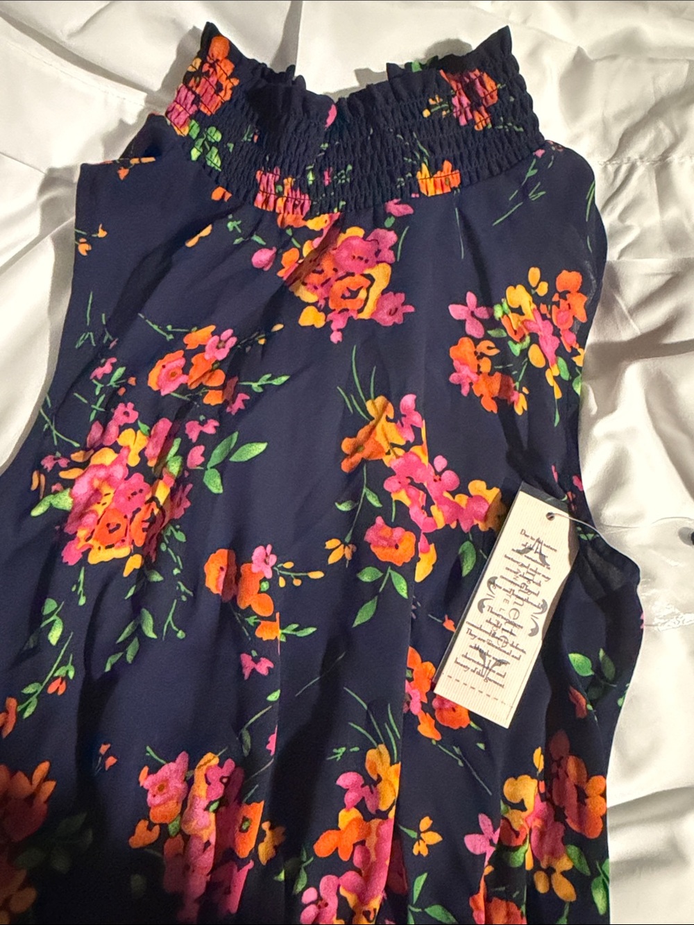 Nanette Lepore Navy Floral Smocked Waist Sleeveless Dress - Picture 4 of 7